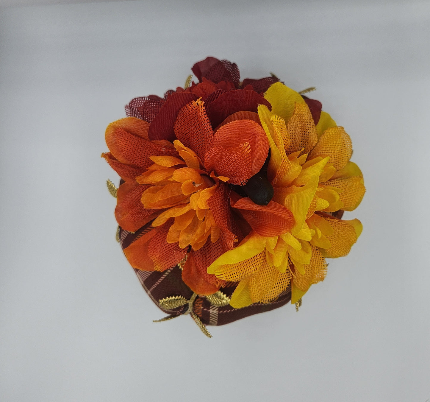 Plaid Fabric Pumpkin with Burlap Flower