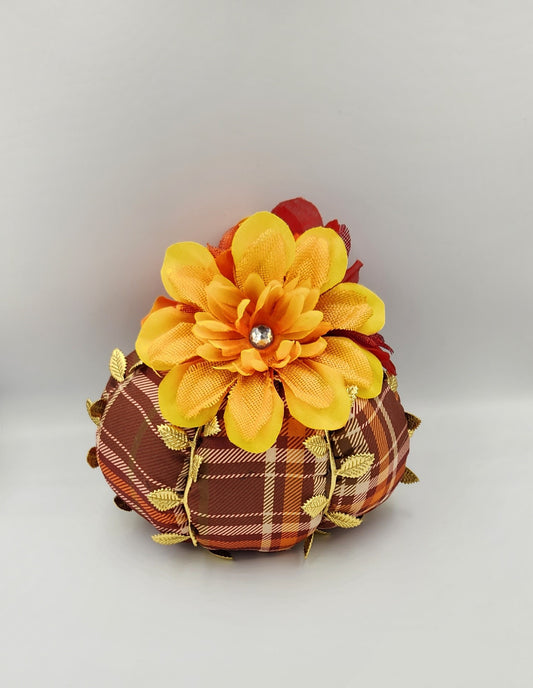 Plaid Fabric Pumpkin with Burlap Flower